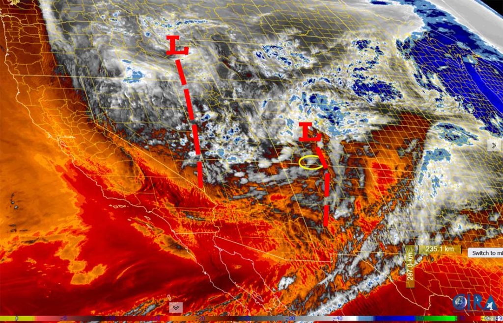 Finally looks like winter!… 2 Water vapor satellite Friday afternoon – The first trough has moved through. The second trough will move through late Saturday afternoon. There are scattered bands for snowshowers across the Four Corners region.