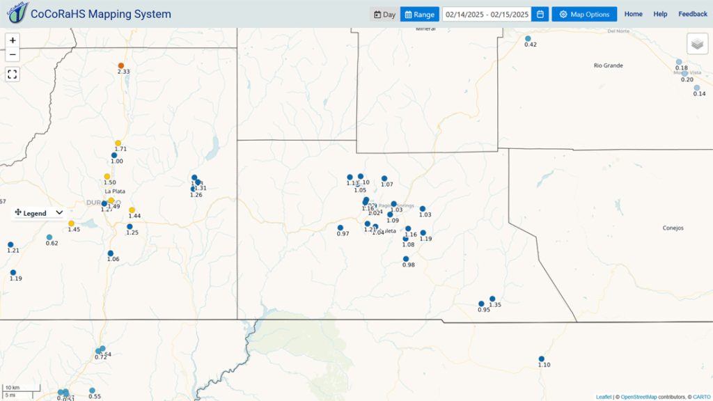 A few snowflakes today and then again on Tuesday… 2 CoCoRaHS 2-day precip totals in Archuleta County range from 0.84” to 1.35”.