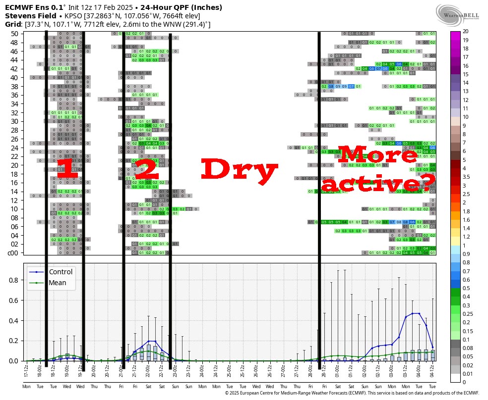 Spotty snowflakes tonight and again Thursday afternoon to Friday afternoon… 5 Euro ensemble 24-hour precip meteogram – These charts are read left to right and times are in Zulu. The top chart shows 24-hour precip amounts for 50 different versions of the Euro forecast model. The bottom charts graphs the control and mean. 1 is the weak system moving through in the next 24 hours. 2 is another weak system moving through on Friday. Then it’s dry most of next week. Finally, the pattern could get more active as we move into March.