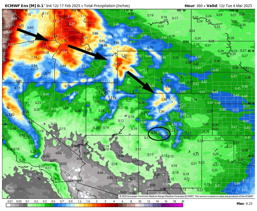 Spotty snowflakes tonight and again Thursday afternoon to Friday afternoon… 4 Euro ensemble precip to 5am on 4 March shows 0.52” in the Pagosa area. Upper-level flow will be out of the northwest for much of this period – like it’s been most of the winter.