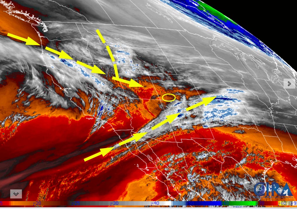 Spotty snowflakes tonight and again Thursday afternoon to Friday afternoon… 1 Water vapor satellite Monday afternoon – Upper-level flow over our area is out of the west-northwest and dry. The trough moving through northern UT will move through our area Tuesday morning and kick up a few spotty snowshowers.