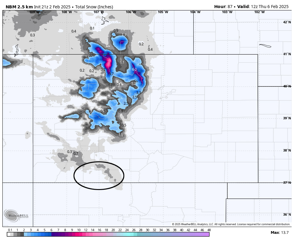 NBM snow to Thursday at 5am shows a few snowflakes over our mountains. The northern mountains will be favored again.