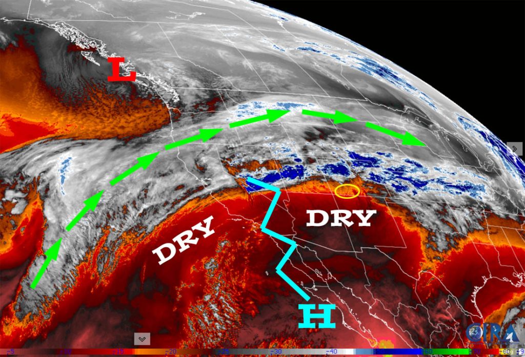 Water vapor satellite Sunday afternoon – It’s dry over of much of the desert southwest. The ridge is keeping the jetstream and lots of moisture to our north.