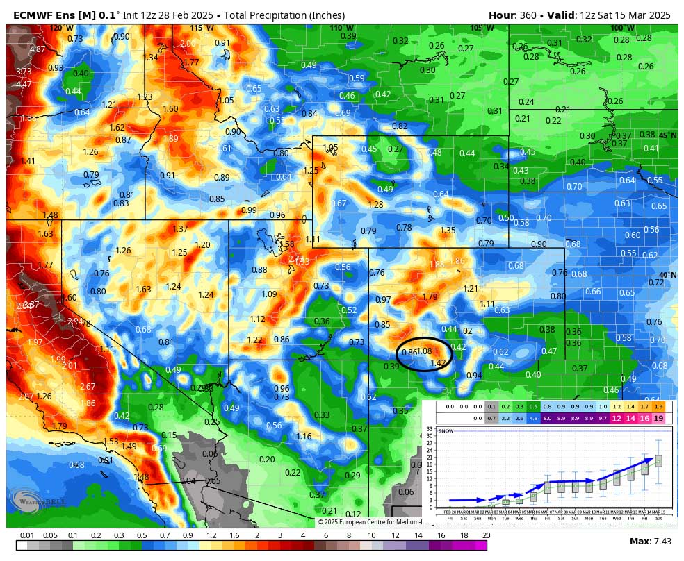 A few chances for snow next week… 4 Euro ensemble precip to 6am on 15 March shows 1.08” in the Pagosa area. The inset shows total snow possible for Wolf Creek. It’s read left to right and times are in Zulu. By 15 Mar, 19” of snow is possible for Wolf Creek.