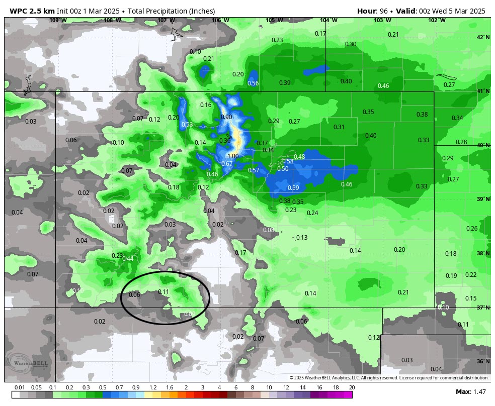 A few chances for snow next week… 2 WPC precip to 5pm Tuesday shows 0.11” near Pagosa and up to 0.30” near Wolf Creek. This would result in up 1” near Pagosa and 2-4” near Wolf Creek.