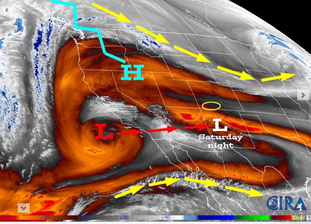 A few chances for snow next week… 1 Water vapor satellite Friday afternoon – Yellow arrows indicate upper-level flow. It’s dry over the Four Corners region. The low off the southern CA coast will move through central NM Saturday night and kick up scattered showers in our area.