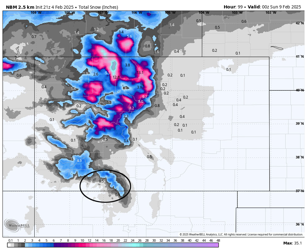 Dry with gusty winds through Friday afternoon – spotty snowflakes Friday night… 2 NBM snow to 5pm Saturday shows 0.50” near Pagosa and 1-4” in our mountains. The northern mountains will be favored again.
