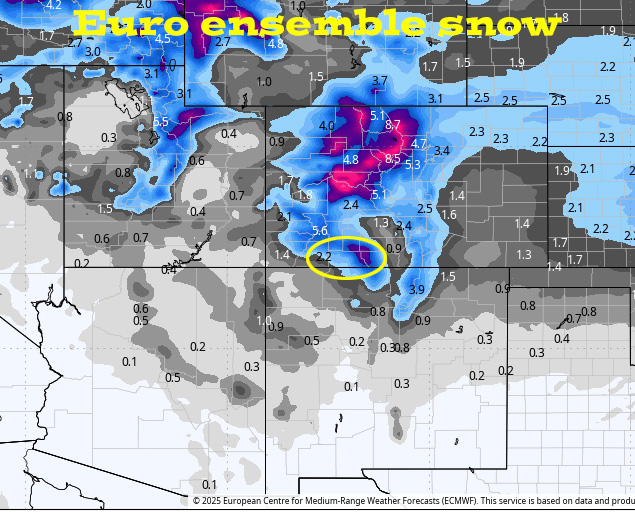 Multiple chances for snow next week… 3 Euro ensemble snow to Wednesday at 5pm shows 1-3” in the Pagosa area and 4-8” in our mountains. This snow will mostly come from hit and miss snowshowers on Monday, Tuesday, and Wednesday afternoons.