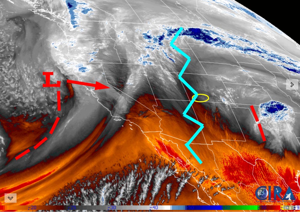 Snow tomorrow night… 1 Water vapor satellite Wednesday afternoon – There are residual clouds left behind the trough that moved through this morning. The ridge, jagged blue line, will move to our east tonight. The system moving toward the CA coast will move through our area Thursday night/Friday morning.