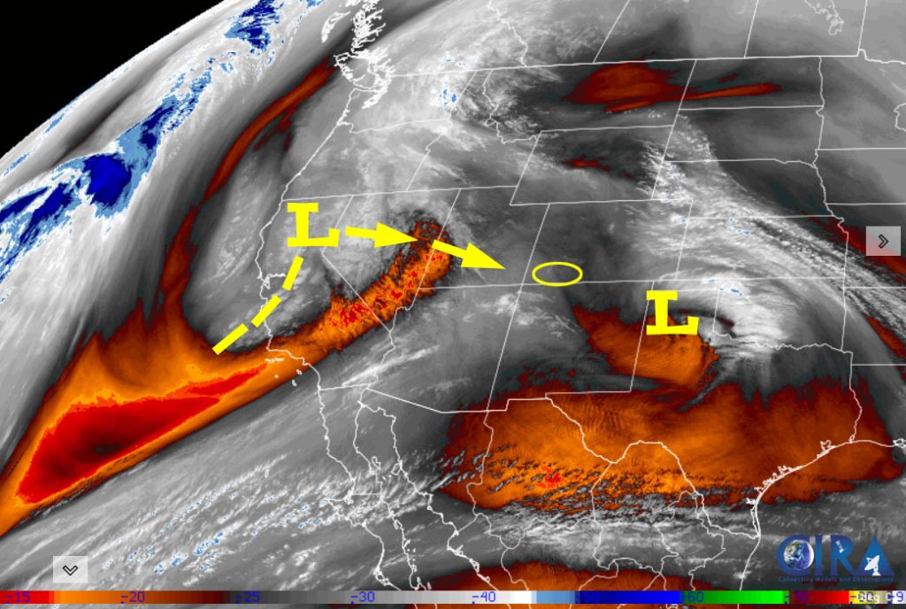 A little snow on Monday and then more snow on Thursday… 1 Water vapor satellite Sunday afternoon – Last night’s low-pressure system is over the TX panhandle. The low over northern CA will move nearly over our heads Monday afternoon.