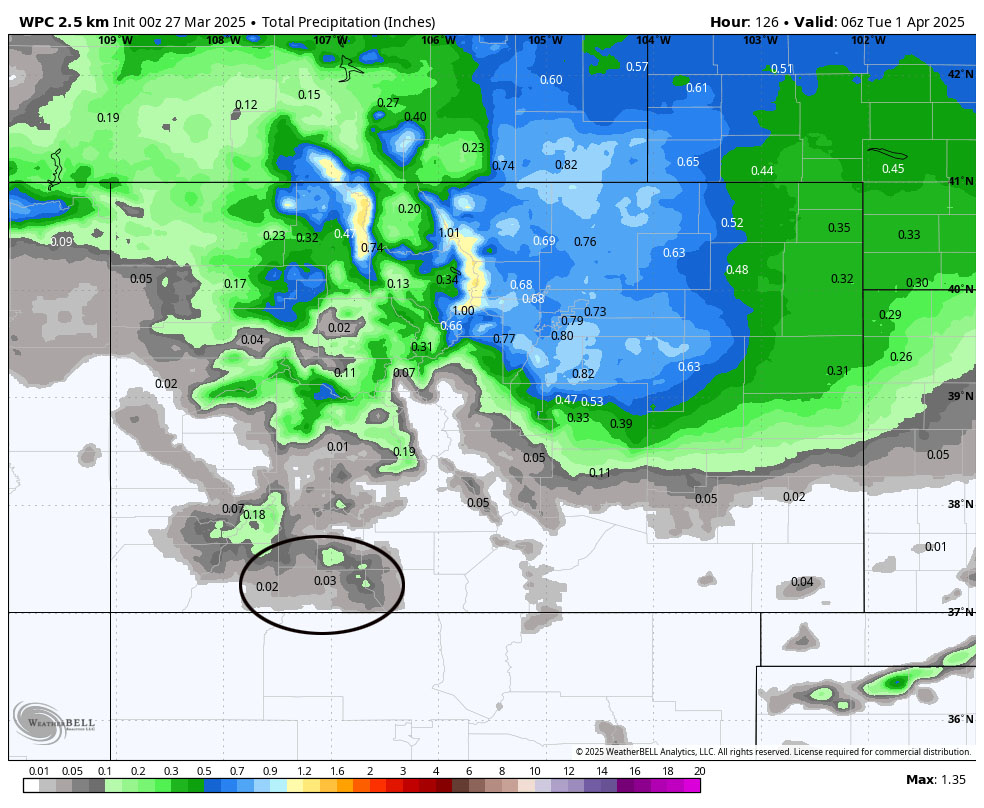 More clouds and breezy afternoons – Next week looks more interesting… 3 WPC to Monday evening shows 0.03” near Pagosa and up to 0.25” in our mountains. This could result in up to 3” in the mountains above 9,000ft.