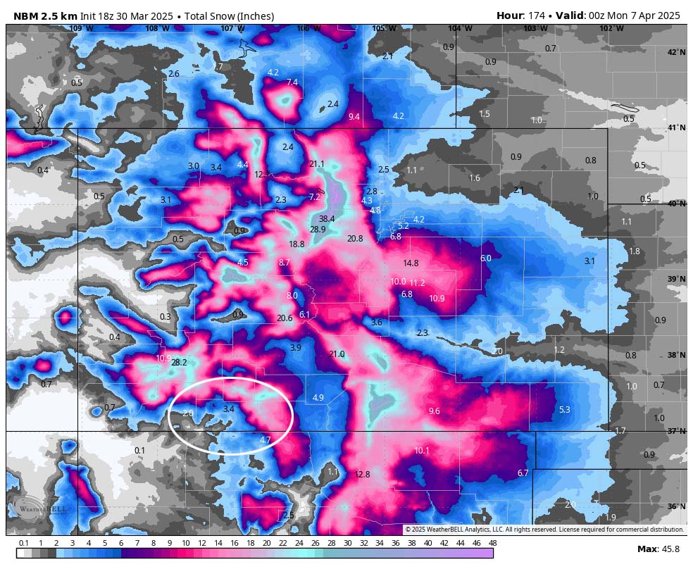 NBM snow for the entire period from Sunday afternoon to next Sunday evening expects 3.4” near Pagosa and 12” to 18” near Wolf Creek. This looks reasonable for the entire period.