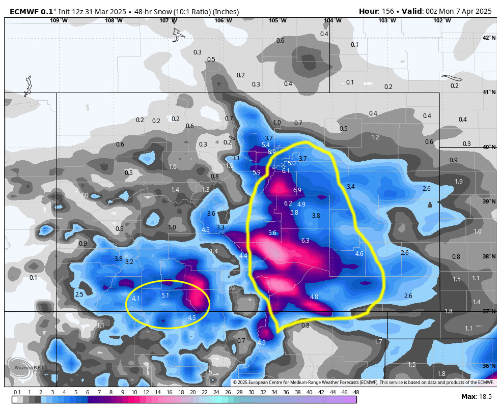 Three good chances for precip this week… 4 Euro model snow from Friday afternoon to Sunday afternoon shows 5.1” near Pagosa and 5-8” near Wolf Creek. This is too much for Pagosa due to warm temps but looks reasonable for Wolf Creek. A couple of notes about this system… Most of this precip is expected between Friday afternoon and Saturday evening and then there will be hit and miss showers, mostly over the mountains. Upper-level flow could turn more southeasterly which would result in lower precip totals for us. South Fork could do well. *** Travel along the I-25 corridor could be rough Friday night into Saturday afternoon. ***