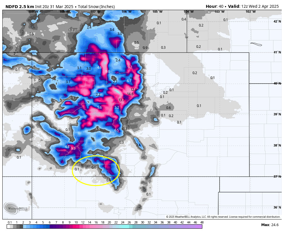 Three good chances for precip this week… 2 The NWS snow forecast model to 6am Wednesday shows 0.6” for Pagosa and 4-8” in the Wolf Creek area.