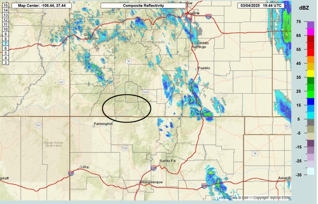 Periods of blizzard-like conditions Thursday… 3 Radar at 12:44pm Tuesday – Bands of showers are moving towards the southeast. Snowshowers will stay on the other side of The Divide.