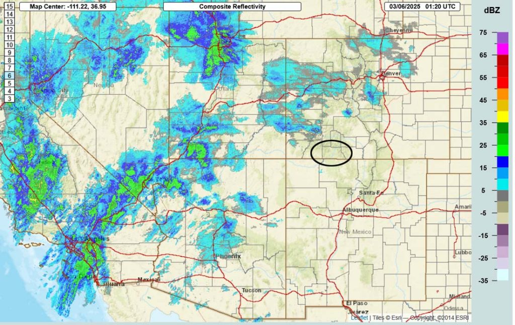 Weather Warnings have been issued for the mountains… 2 Radar at 6:20pm Wednesday – Scattered bands of showers are moving towards the northeast across much of the southwest US.