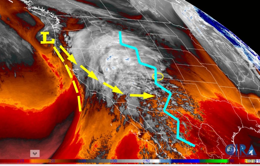 Weather Warnings have been issued for the mountains… 1 Water vapor satellite late Wednesday afternoon – Clouds increased this afternoon as the ridge moved over our heads. The low will move through central NM Friday night. A lot of moisture is streaming into the southwest US.
