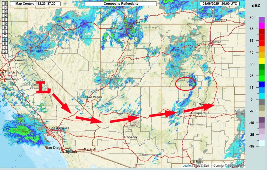 Radar at 1pm Thursday – Bands of showers are spinning around the low over CA. The low is expected to move through central NM Friday night.