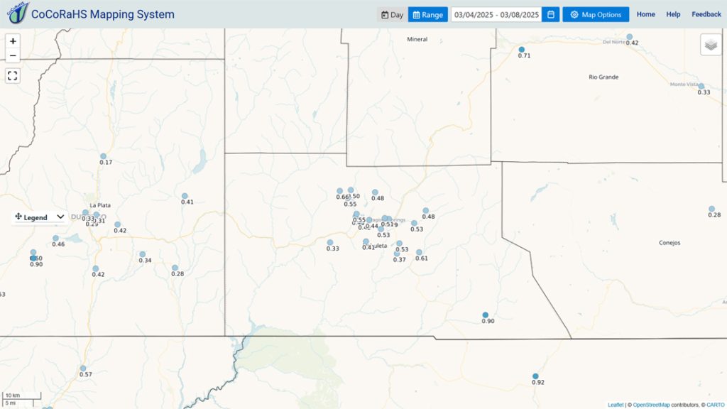 Next storm Thursday and Friday… 1 CoCoRaHS 3-day precip totals for Archuleta County range from 0.33” to 0.90”.