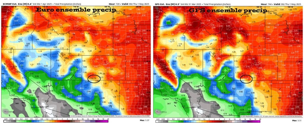 Pagosa Weather MARCH SUMMARY & April Outlook 11 Euro ensemble precip on the left expects 1.79″ of precip for April and the GFS ensemble precip on the right expects 2.16″ – Both models expect more than the average of 1.38″.