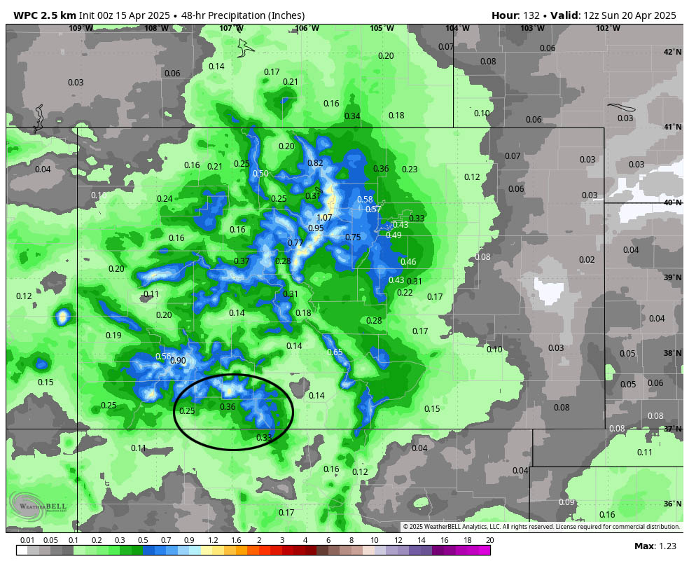 Spotty showers on Tuesday – better chance for precip Friday & Saturday… 3 WPC precip for Friday and Saturday shows 0.36” for Pagosa and 0.75” to 1” for our mountains.