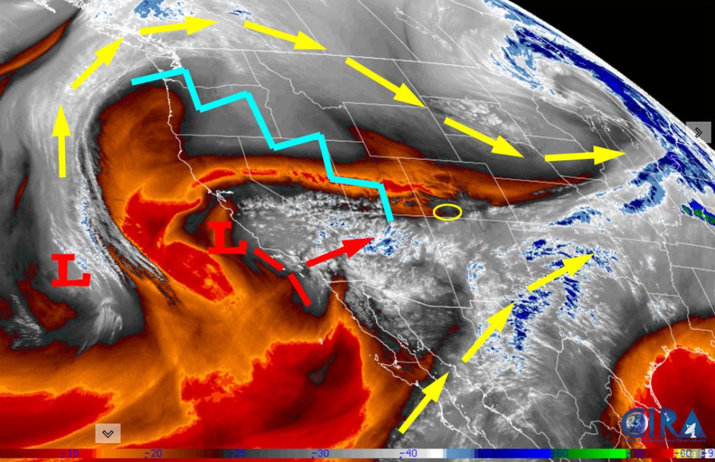 Spotty showers on Tuesday – better chance for precip Friday & Saturday… 1 Water vapor satellite Monday afternoon – The ridge, jagged blue line, will weaken and move to our east tonight. The weak trough along the southern CA coast will move through our area Tuesday afternoon and kick up a few scattered showers.