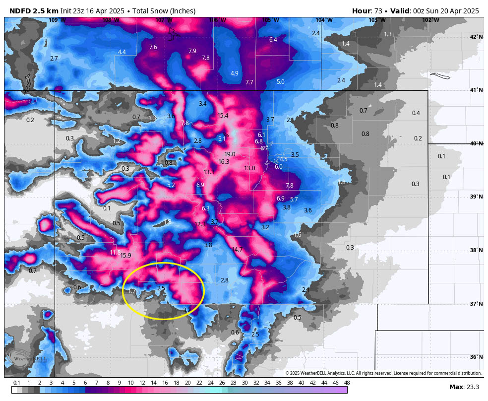 NWS NDFD snow model to 6pm Saturday shows 2.5” near Pagosa and 10-15” near Wolf Creek Pass.