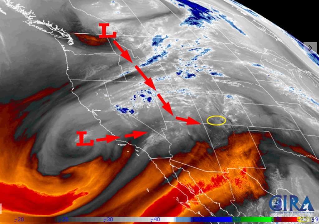Water vapor satellite around 5:30pm Wednesday – There is fairly moist, unstable southwest flow over us now. The cut-off low near the southern CA coast will move east-northeast and weaken. A cold-core low will move south through Idaho and then western UT and then nearly over our heads Saturday afternoon.