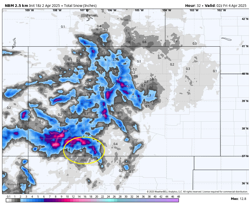 Roads could get slick tonight… 4 NBM snow to 8pm Thursday shows 2.4” near Pagosa and 4-8” in the Wolf Creek area. This looks good to me.
