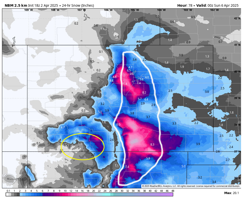 Roads could get slick tonight… 5 NBM 24-hour snow 6pm Friday to 6pm Saturday shows 1.1” near Pagosa and 4-8” near Wolf Creek. This 24-hour product does not capture snowfall before 6pm Friday so a little more than indicated on this chart will fall.