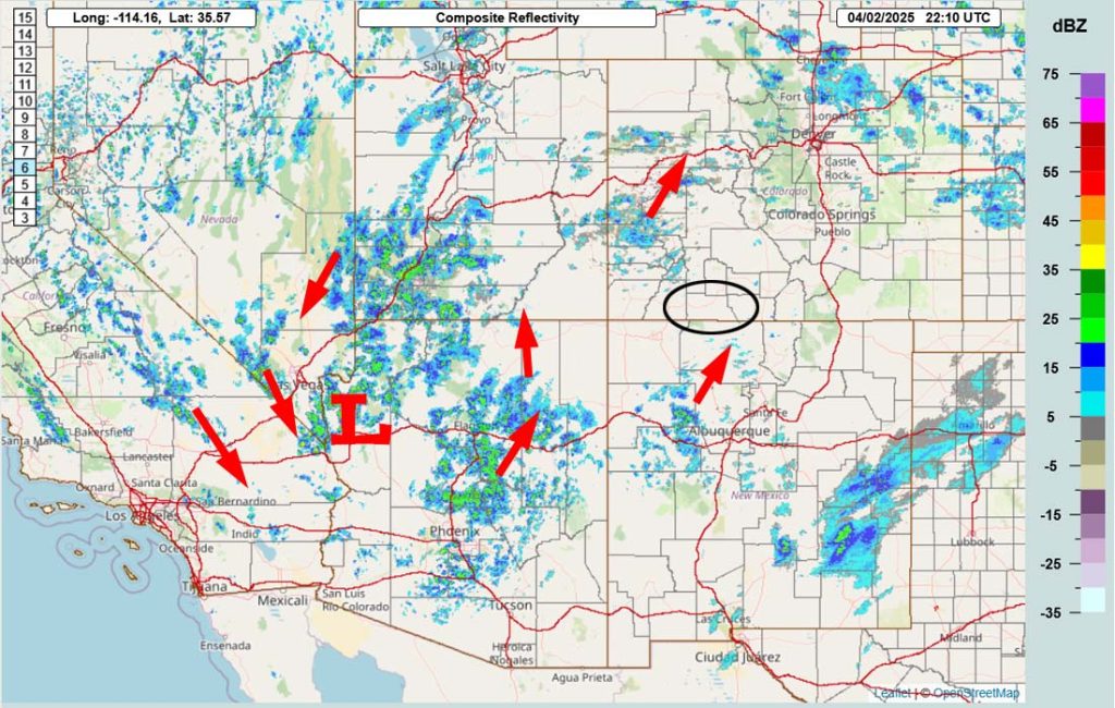 Roads could get slick tonight… 3 Radar at 4:10pm Wednesday – Scattered showers are spinning counter-clockwise around the low.