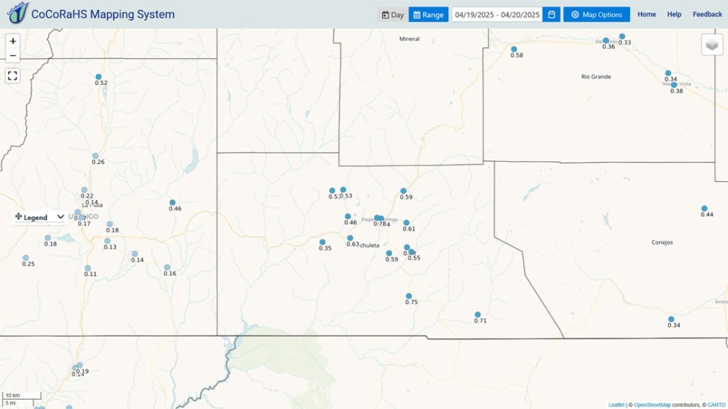 Lots of sun and warmer this week… 2 CoCoRaHS 2-day liquid equivalent precip reports range from 0.35” to 0.78”.