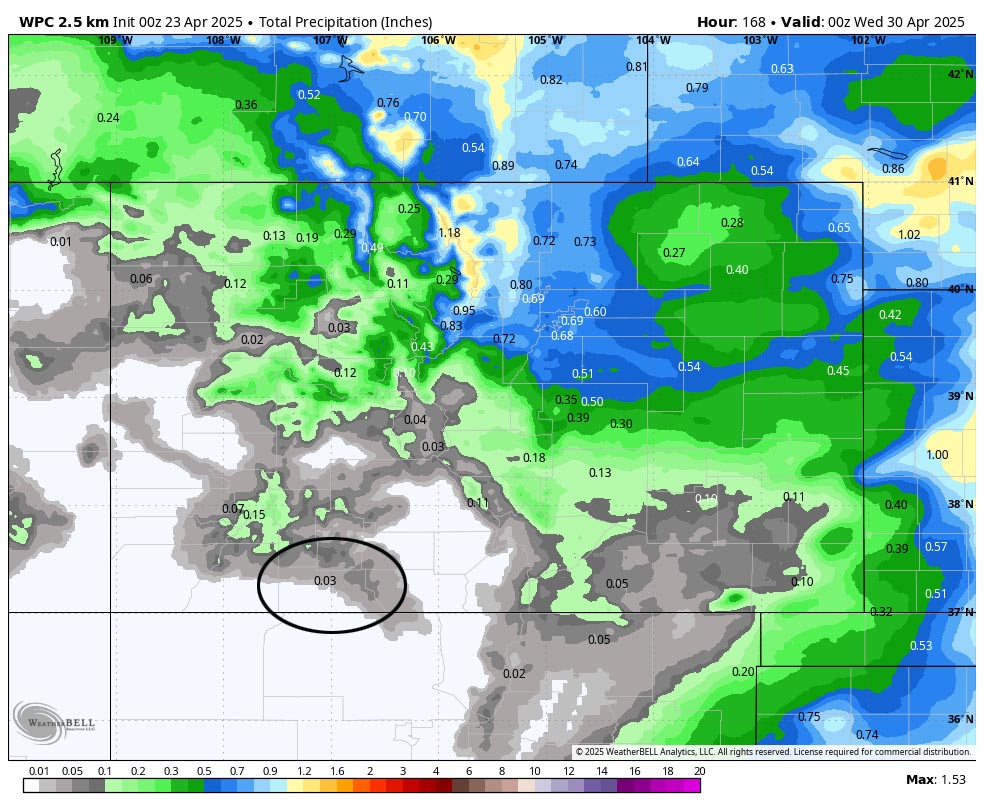 Dry this week – spotty afternoon showers next week… 2 WPC precip to next Tuesday at 6pm shows 0.03” near Pagosa and up to 0.10” in our mountains