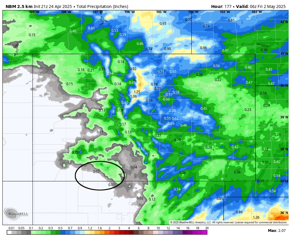 NBM precip to next Thursday evening shows 0.02” near Pagosa and up to 0.20” in our mountains