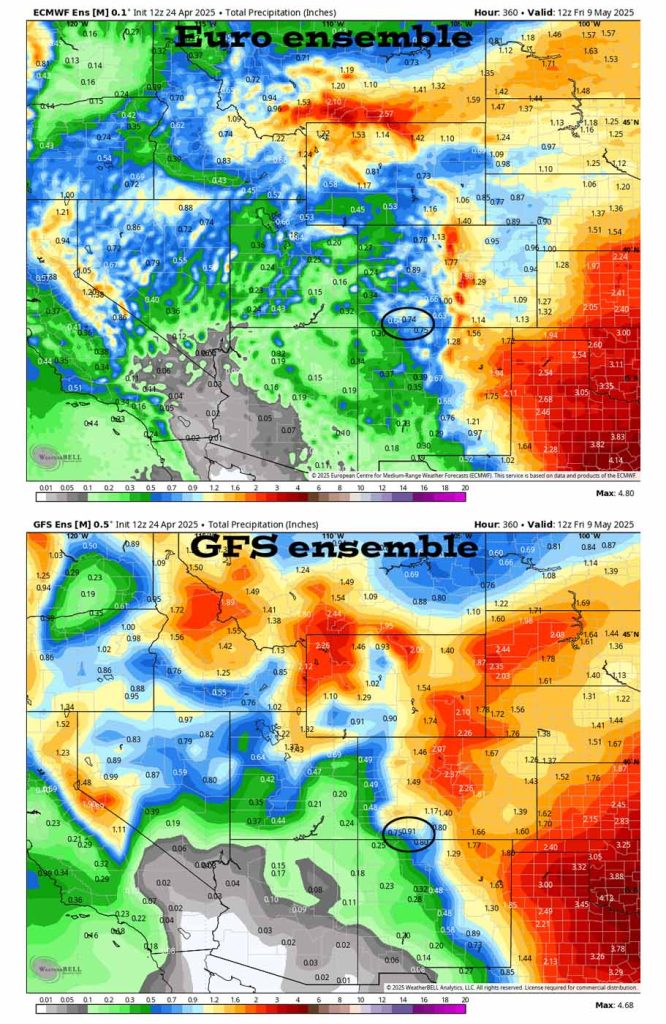Euro ensemble precip on the top to 9 May at 6am shows 0.74” for Pagosa and GFS ensemble on the bottom shows 0.91”. I don’t see any big storms on the horizon.