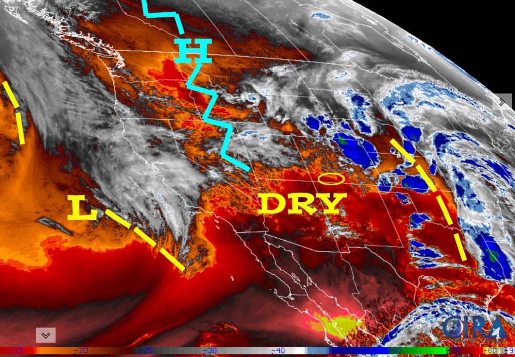 Water vapor satellite Thursday evening – The main storm track is to our north. It’s dry over the Four Corners region but a little unstable. The low off the CA coast will slowly move east and then northeast over the next four days. The best moisture and storm energy will miss us to the north.