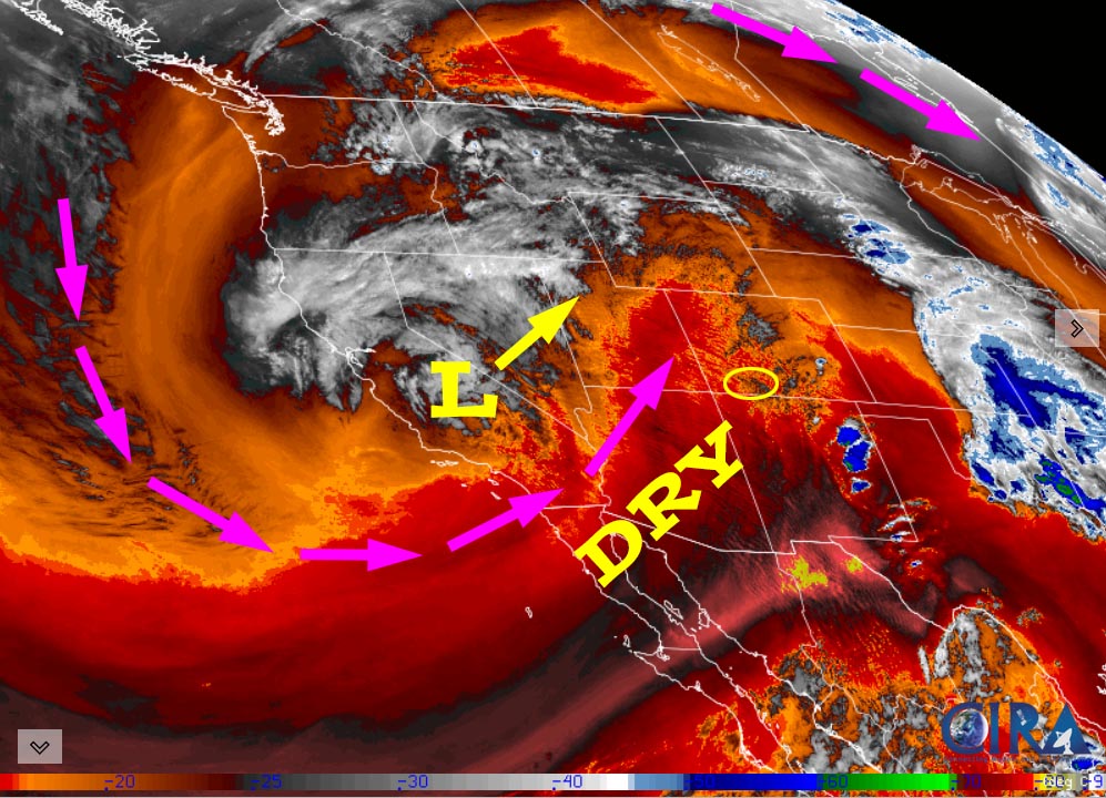 Spotty afternoon showers starting Tuesday… 1 Water vapor satellite Saturday evening – The low over CA will move slowly northeast over the next few days. The jet stream, purple arrows, will be over us tomorrow and give us our strongest winds of the week. It’s dry over the Four Corners region.