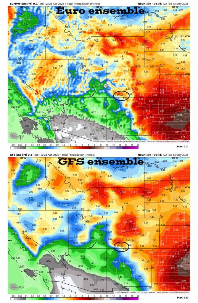Euro ensemble precip on the top to 13 May at 6am shows 1.70” for Pagosa and GFS ensemble on the bottom shows 1.64”. The forecast models are slowly trending upward with more moisture.