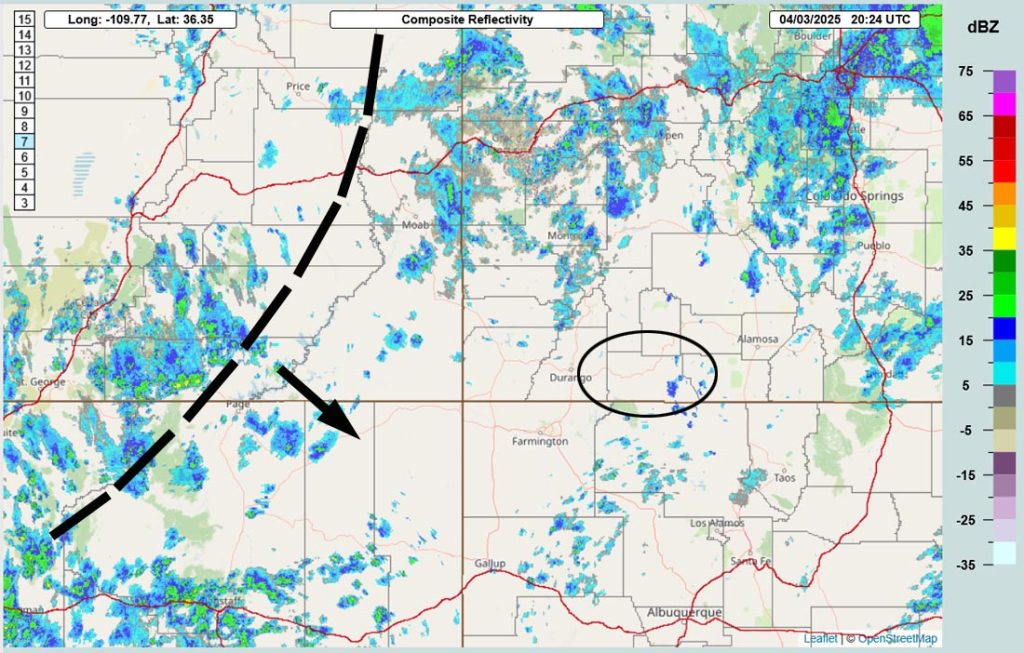 One more round of snowshowers Friday afternoon into early Saturday evening… 3 Radar at 2:24pm Thursday – Showers ahead of the trough are moving towards the northeast and showers behind the trough are moving towards the southeast.