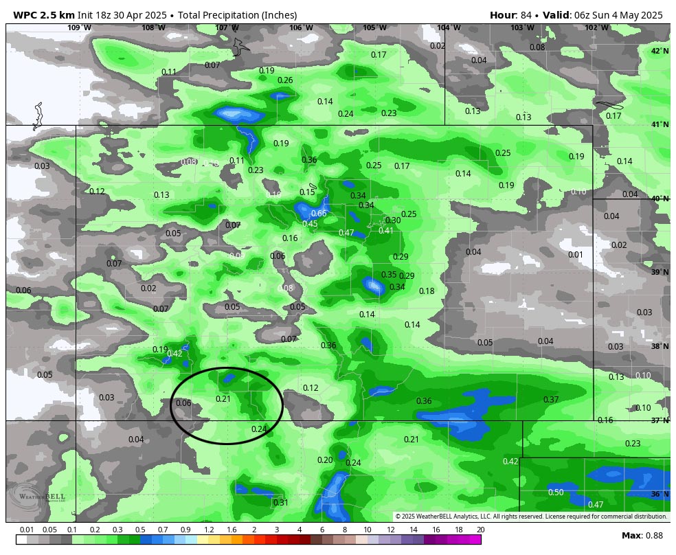 WPC precip to late Saturday evening shows 0.21” near Pagosa and up to 0.40” in our mountains. This is all from convective spotty showers precip so amounts will vary considerably.