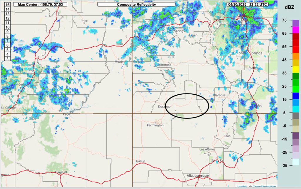 Radar at 4:22pm Wednesday – Most of the showers have been to our north and east.