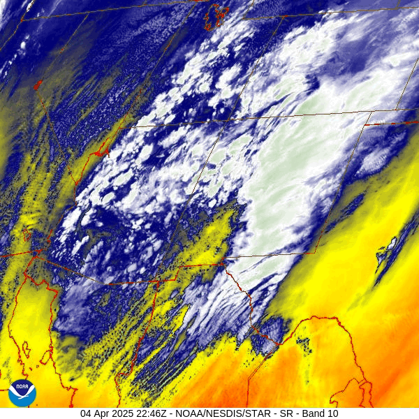 Water vapor satellite loop from roughly 4:45pm to 5:45pm Friday – The low is moving slowly east through southern AZ. The whole region is unstable with scattered showers. Shower activity will decrease Friday night and then ramp up again Saturday afternoon. The best moisture is moving north into northeast NM and southeast CO.