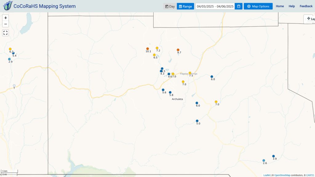 Lots of sun and warmer… 2 CoCoRaHS multiday snow totals – most of the Pagosa area got 4-7” of snow. Arleen had the most with 10.1”. Snow that fell each day mostly melted each afternoon. The most we had on the ground at any point was 3”.