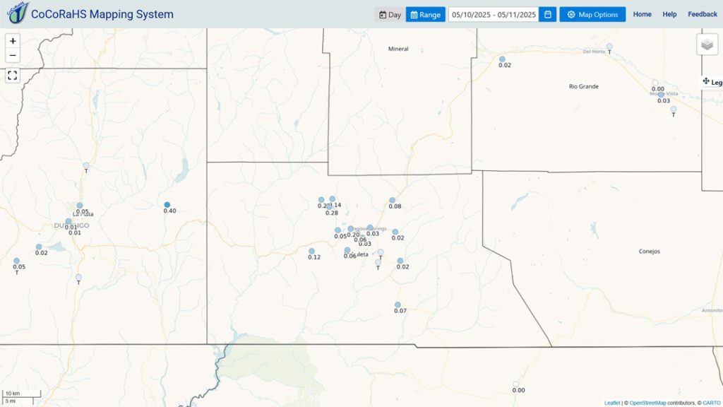 CoCoRaHS 2-day precip reports range from a trace to 0.28”.