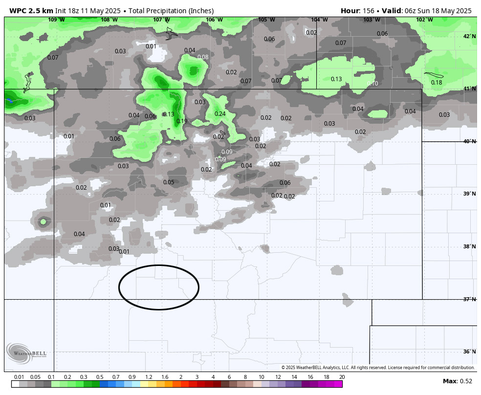 WPC precip to late Saturday evening shows nothing for Archuleta County.