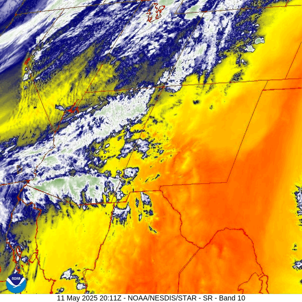 Water vapor satellite loop from 2:11pm to 3:06pm Sunday afternoon – The ridge has moved to our east. Those are mostly mid and high clouds with no precip. Drier, more stable southwest flow is moving into the Four Corners region.