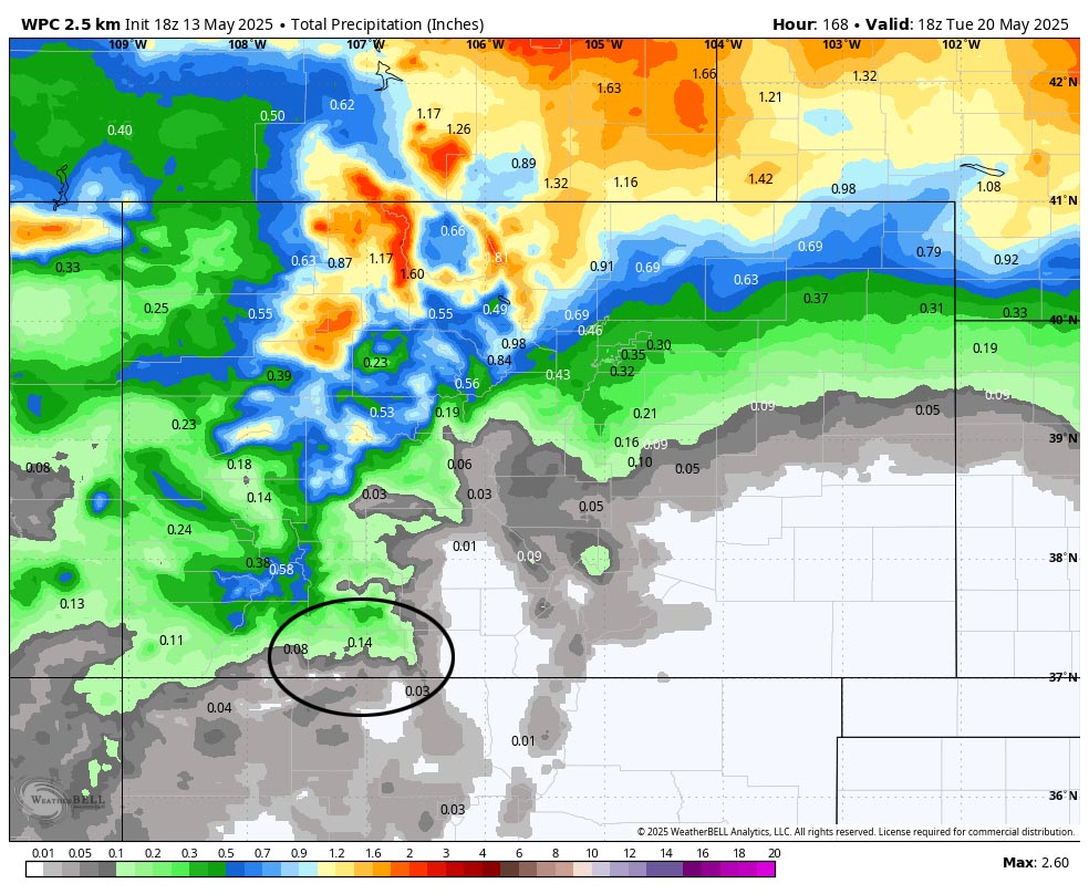 A little rain Sunday and Monday… 2 WPC precip to Monday evening shows 0.18” near Pagosa and up to 0.40” in our mountains.