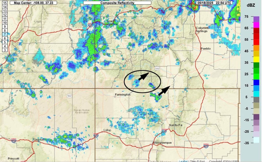 Radar at 4:54pm Sunday – Spotty showers are moving towards the northeast.