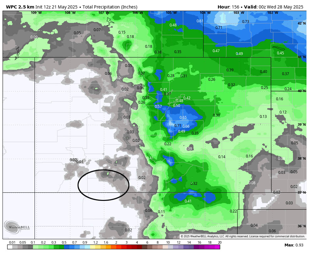 WPC precip through Tuesday afternoon shows none near Pagosa and around 0.10” in our mountains.