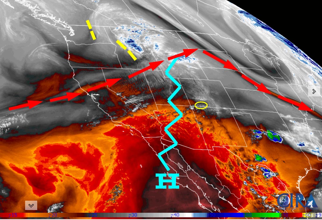 Lots of sun and dry through the weekend – a little more active pattern next week… 1 Water vapor satellite Thursday evening – The ridge, jagged blue line, will give us sunny, dry, and warm weather through the weekend.